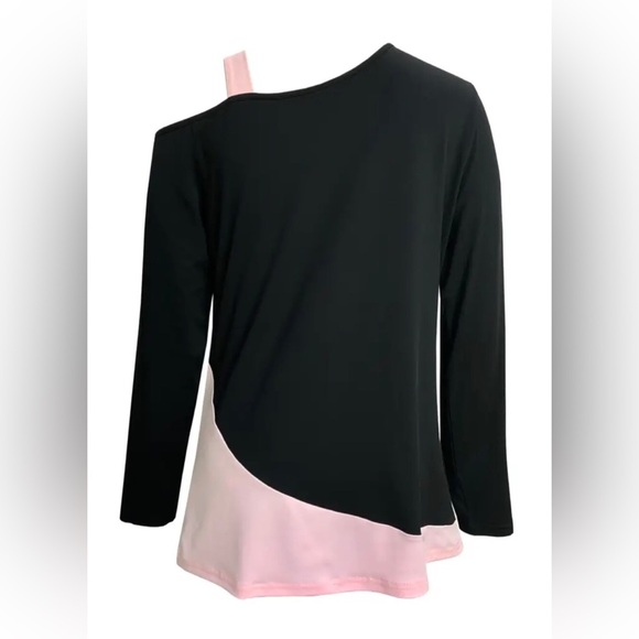 NWOT Womens Plus Black & Pink Colorblock Long Sleeve One Shoulder Top - Picture 4 of 9
